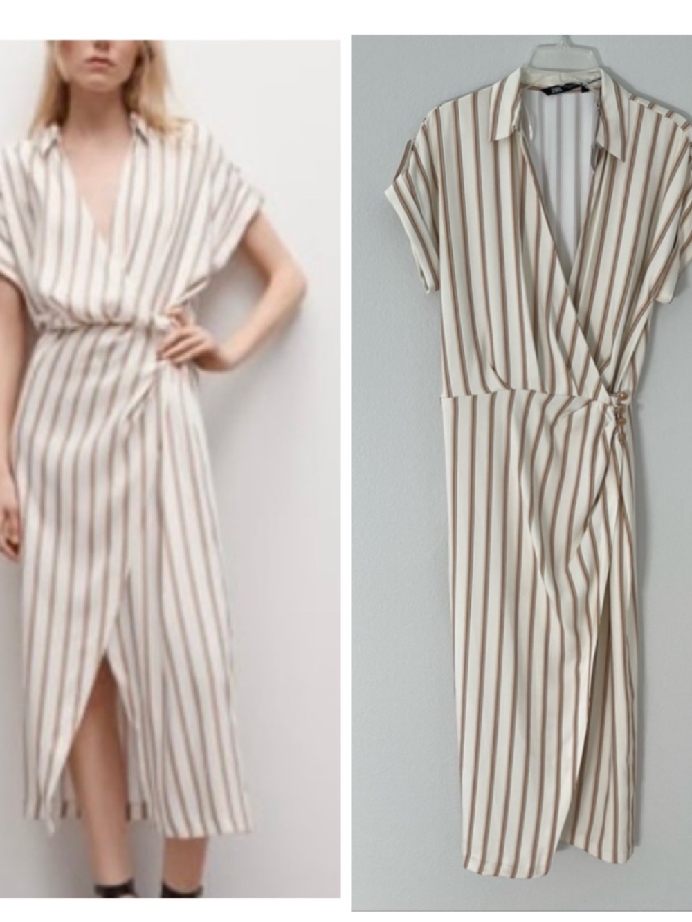 Zara Cream and Beige Striped Wrap Midi Dress